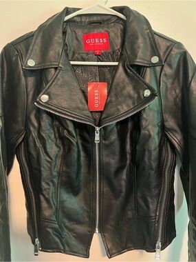 GUESS Black Faux Leather Biker Jacket with Silver Hardware